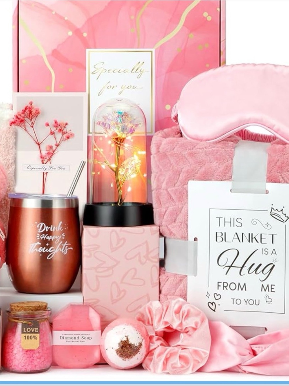 Pink Home Spa Gift Set – Cozy Blanket, Eye Mask & Bath Accessories